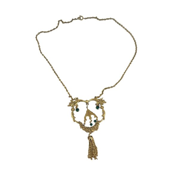 Victorian Revival Gold Tone Necklace 16 Inch With Green Rhinestone & Tassel Acce - Picture 5 of 10